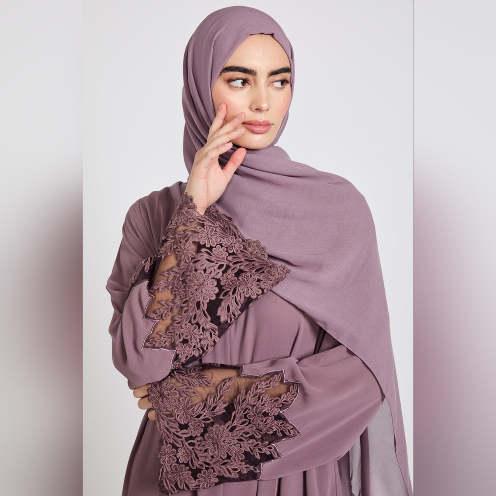 Mulberry Mauve Chiffon Open Abaya with Floral Lace Detailing